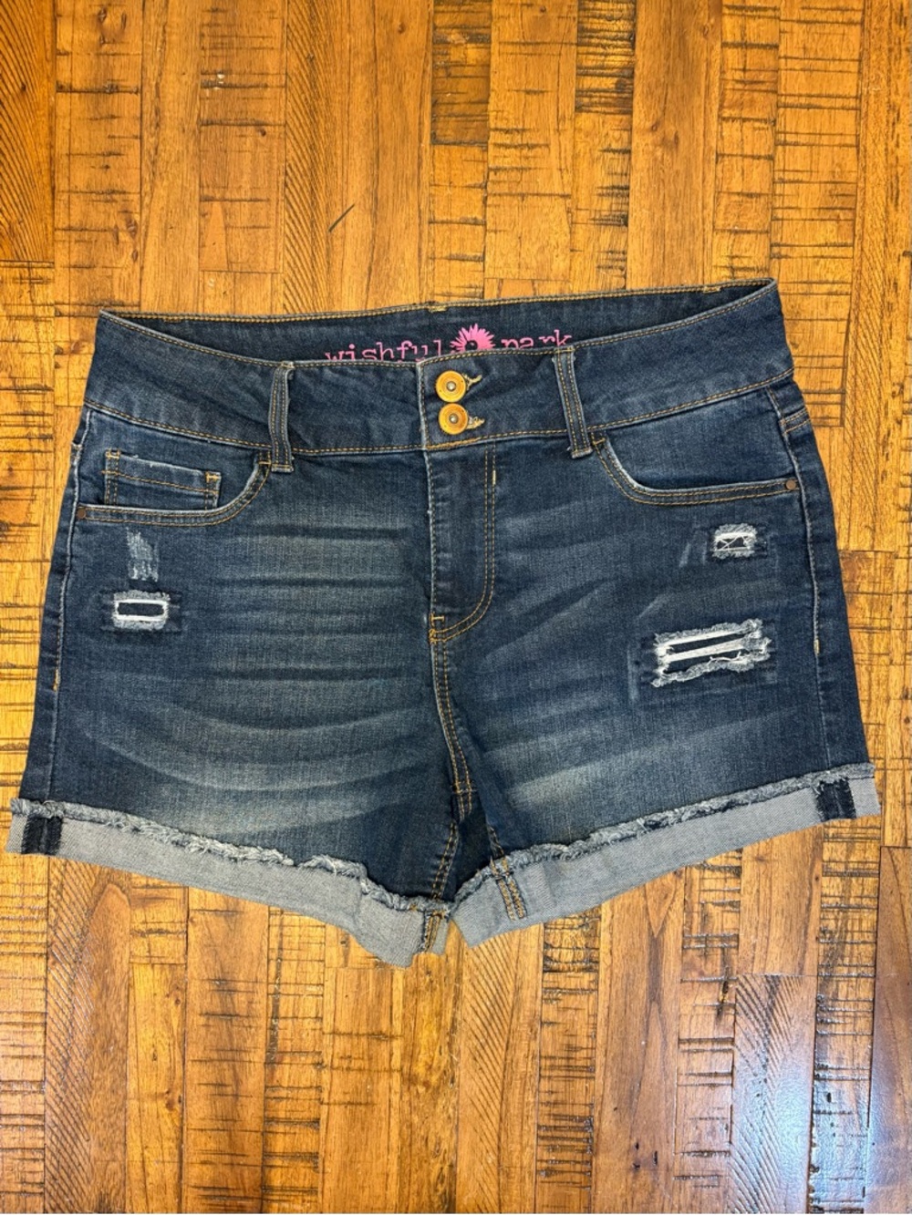 2 FOR $15 Wishful Park Dark Wash Distressed Denim Shorts with Rolled Hem